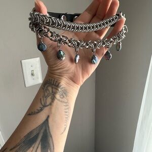 Handmade Iridescent Teardrop Pearl Chain Maille and Leather Collar